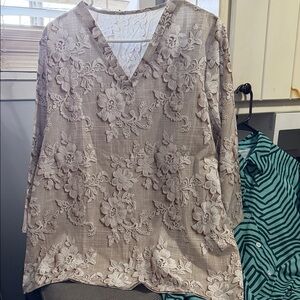 SHEIN Taupe Floral Lace V-Neck Blouse